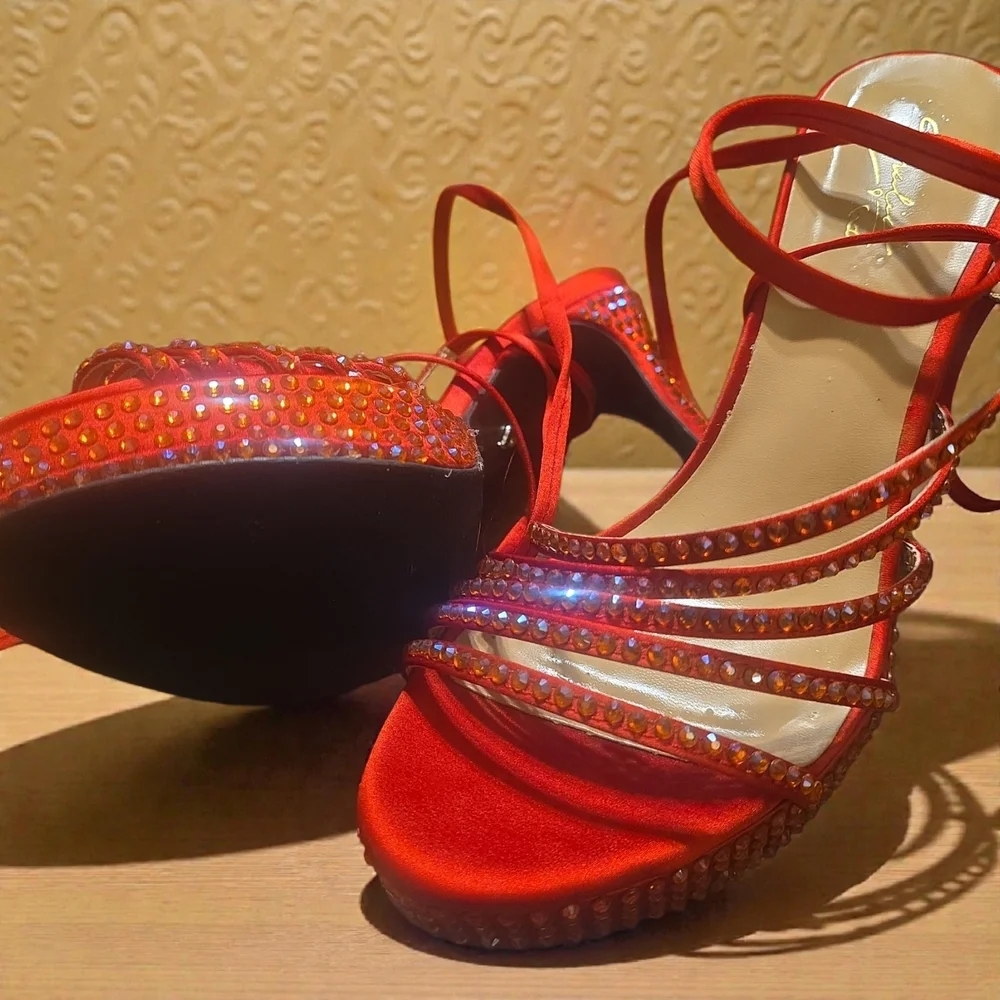 Thalia Sodi‎ Red Strappy Heels with Rhinestones
